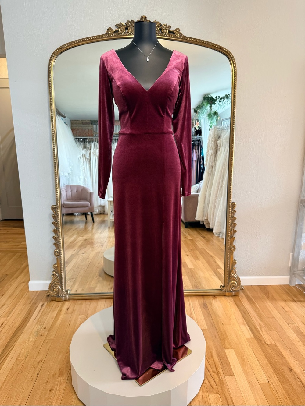 SORELLA VITA Long Sleeve Velvet Gown in Burgundy